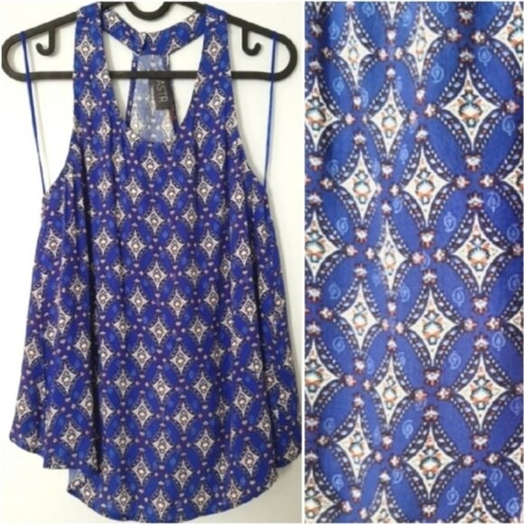 ASTR Anthropologie Split Back Scoop Neck Blue Patterned Tank Top Sz XS - Picture 1 of 12